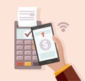 Mobile payment via smartphone. Hand holds mobile phone to do contactless payment and POS terminal. Royalty Free Stock Photo
